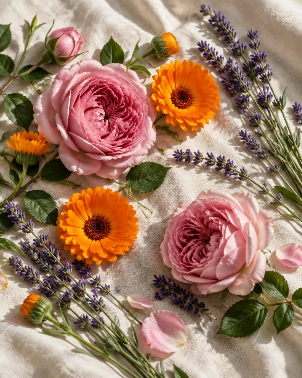 Rosen, Ringelblumen und Lavendel auf Leinen